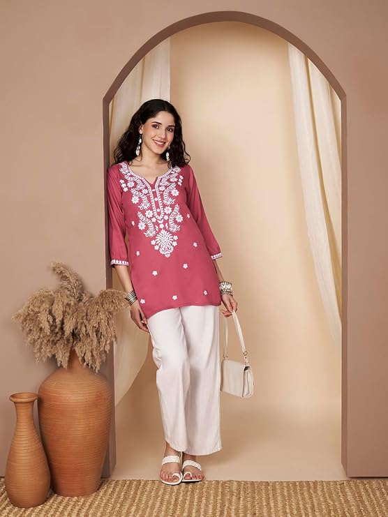 Short Kurti for Women for Jeans, Chikankari Kurtis for Ladies, Lakhnavi V- Neck Women's Tunic Design Kurta, Floral Kurtas & Tunics for Woman