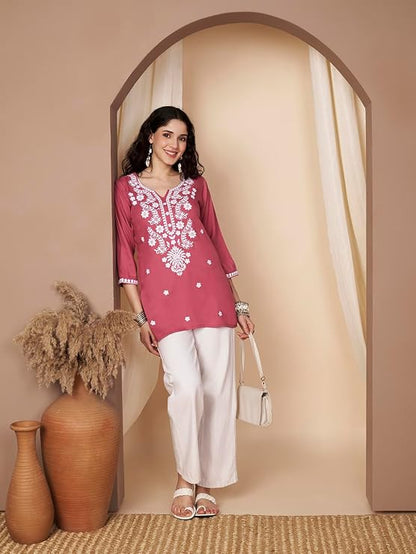 Short Kurti for Women for Jeans, Chikankari Kurtis for Ladies, Lakhnavi V- Neck Women's Tunic Design Kurta, Floral Kurtas & Tunics for Woman