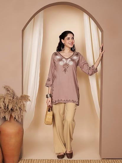 Embroidered Chikankari Kurti for Women - Chocolate 2
