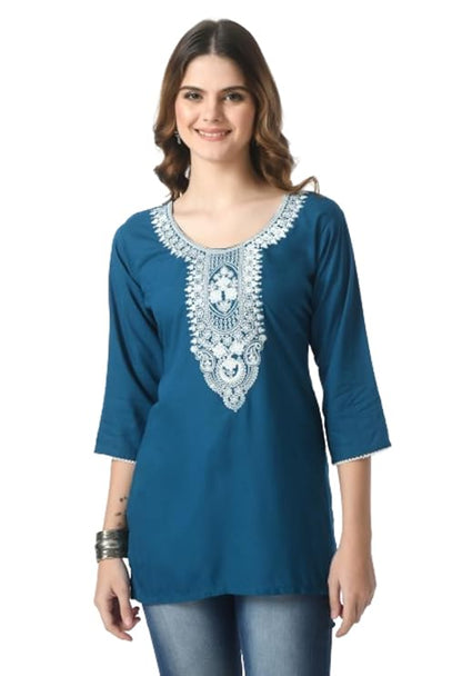 LIBOZA Short Kurti for Women – Lakhnowi Chikankari Embroidered Ladies Kurta, Stylish Girls Top, Ethnic Half Kurtas, Tunic Design Woman Kurtis Petrol Blue