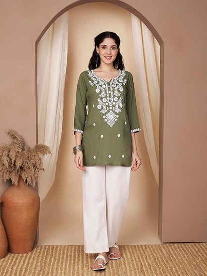 Short Kurti for Women for Jeans, Chikankari Kurtis for Ladies, Lakhnavi V- Neck Women's Tunic Design Kurta, Floral Kurtas & Tunics for Woman