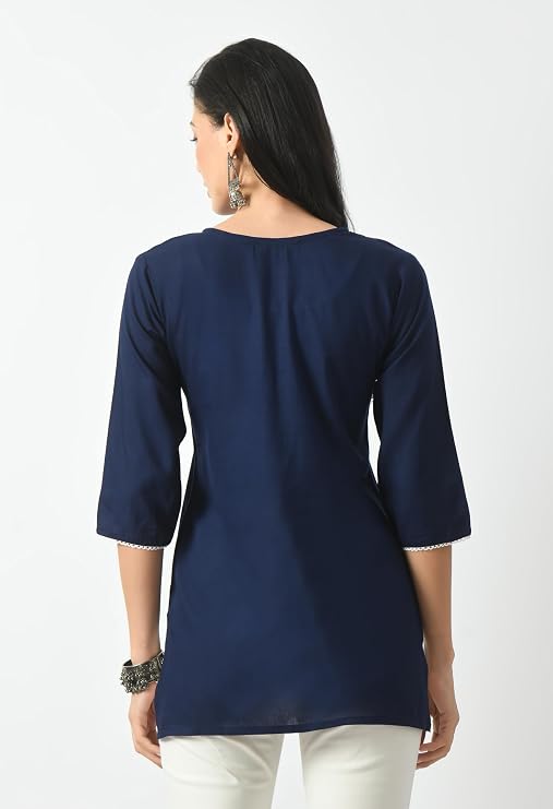 LIBOZA Short Kurta for Women – Lakhnowi Chikankari Embroidered Ladies Kurti, Ethnic Half Kurtas, Stylish Girls Top, Tunic Design Woman Kurtis Navy Blue