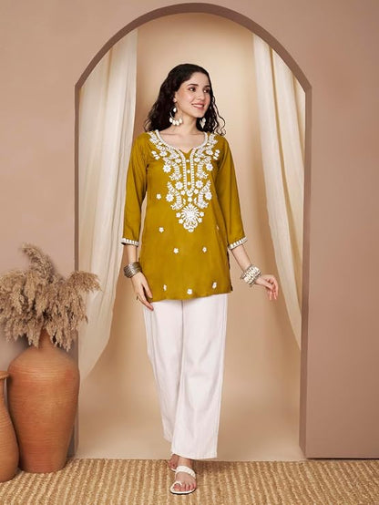Short Kurti for Women for Jeans, Chikankari Kurtis for Ladies, Lakhnavi V- Neck Women's Tunic Design Kurta, Floral Kurtas & Tunics for Woman