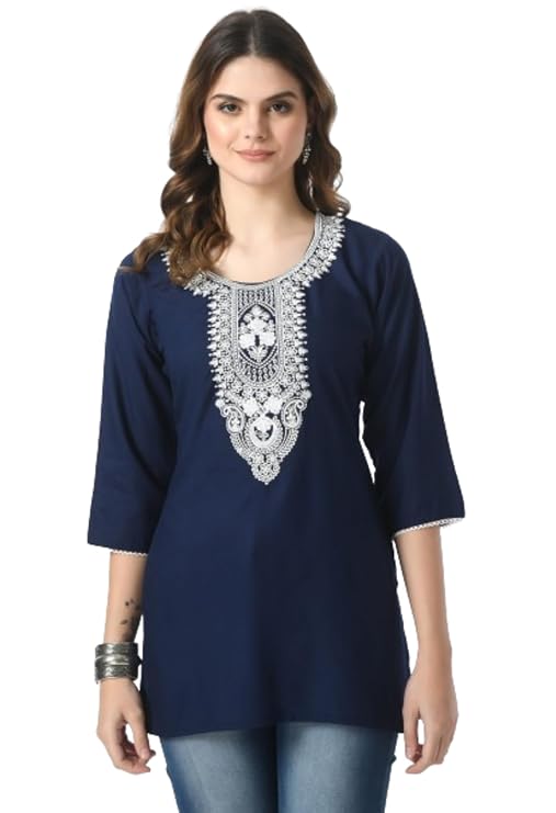 LIBOZA Short Kurti for Women – Lakhnowi Chikankari Embroidered Ladies Kurta, Stylish Girls Top, Ethnic Half Kurtas, Tunic Design Woman Kurtis Navy Blue