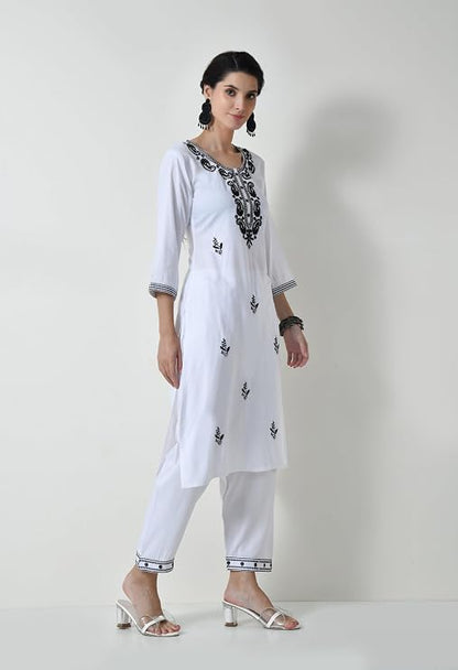 LIBOZA Chikankari Kurta Set for Women, Royon Cotton Straight Design Salwar Suit for Wedding, Diwali & Festival Kurti Pant With Dupatta, Suits Sets for Girls (IN, Alpha, 2XL, WHITE)