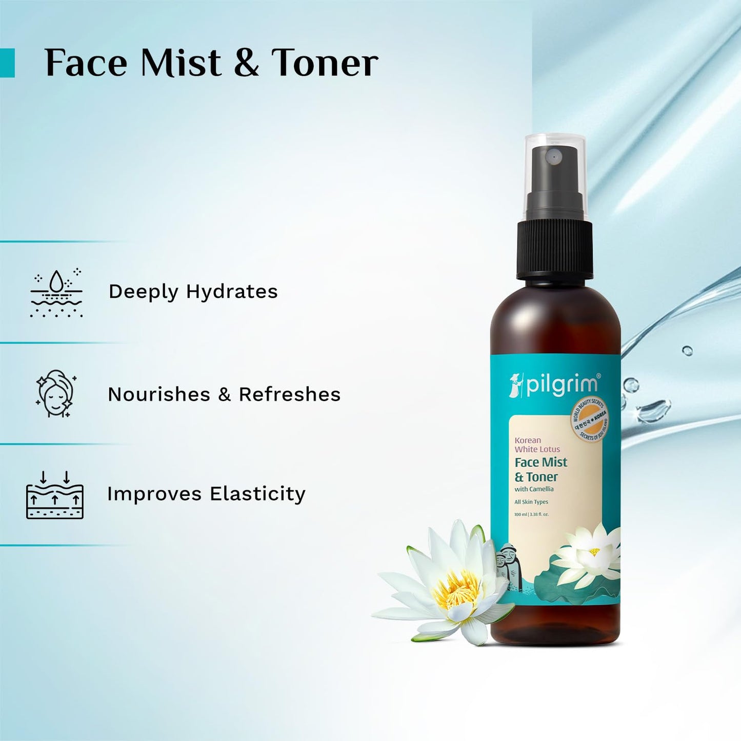 Pilgrim White Lotus Natural Face Mist & Toner With Camellia Witch Hazel| Korean Beauty Formulation|For Better Hydration| Paraben Phthalate Free| Men Women 100 MILLI_LITRE