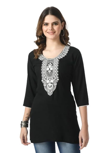 LIBOZA Women's Short Kurti Lakhnowi Chikankari Embroidered Ladies Rayon Kurta, Stylish Girls Top For Woman-Black, Regular Fit, Large