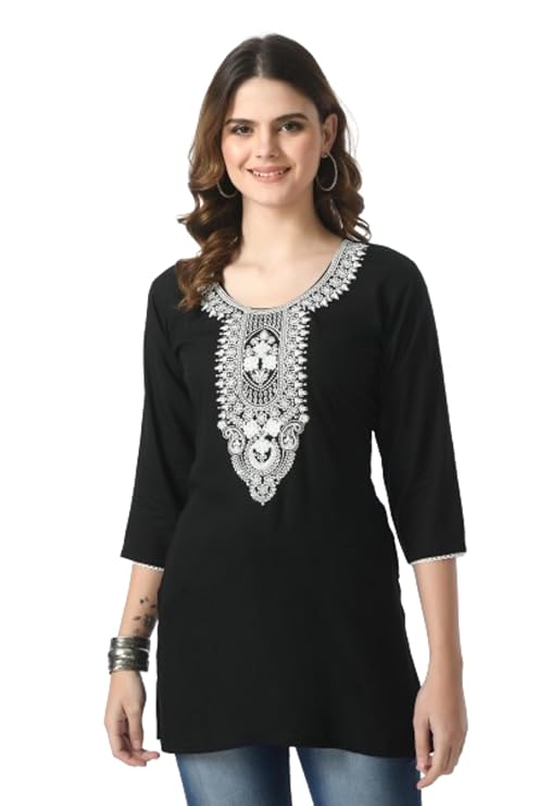 LIBOZA Women's Pure Cotton Flex Print Short Kurti, Full Umbrella Sleeves, Navy Blue and Black, Casual and Office Wear