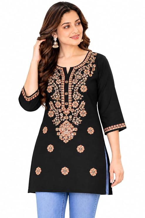 LIBOZA Kurti for Women - Short Chikankari Kurtis for Girls, Lakhnawi Black