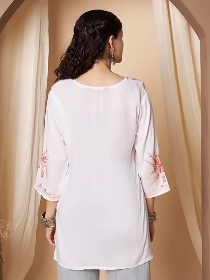 Embroidered Chikankari Kurti for Women - White Red
