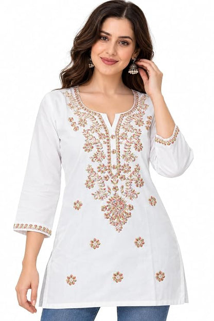 LIBOZA Kurti for Women - Short Chikankari Kurtis for Girls, Lakhnawi White