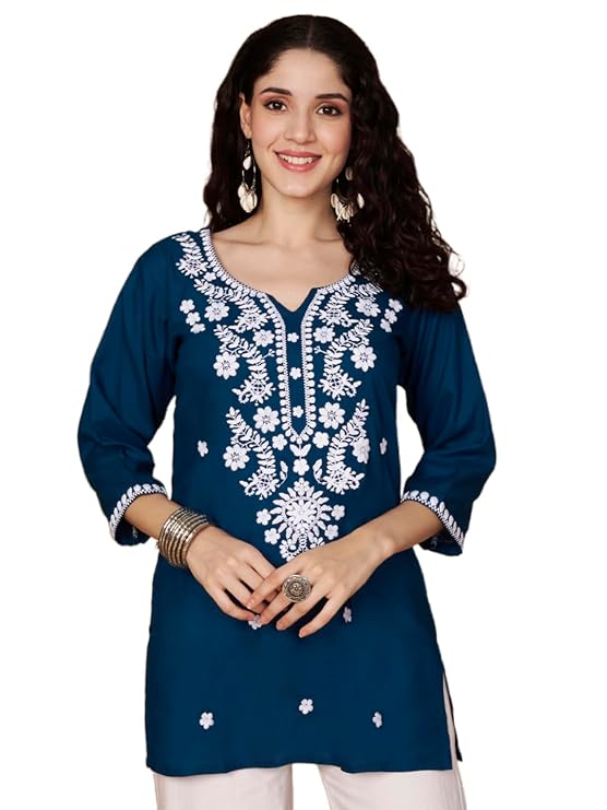 Short Kurti for Women for Jeans, Chikankari Kurtis for Ladies, Lakhnavi V- Neck Women's Tunic Design Kurta, Floral Kurtas & Tunics for Woman