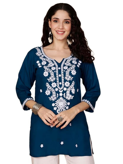 Short Kurti for Women for Jeans, Chikankari Kurtis for Ladies, Lakhnavi V- Neck Women's Tunic Design Kurta, Floral Kurtas & Tunics for Woman