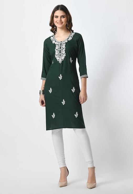LIBOZA Kurta for Women – Lakhnowi Chikankari Embroidered Ladies Kurti, Stylish Girls Top, Ethnic Full Kurtas, Straight Design Kurtis for Woman