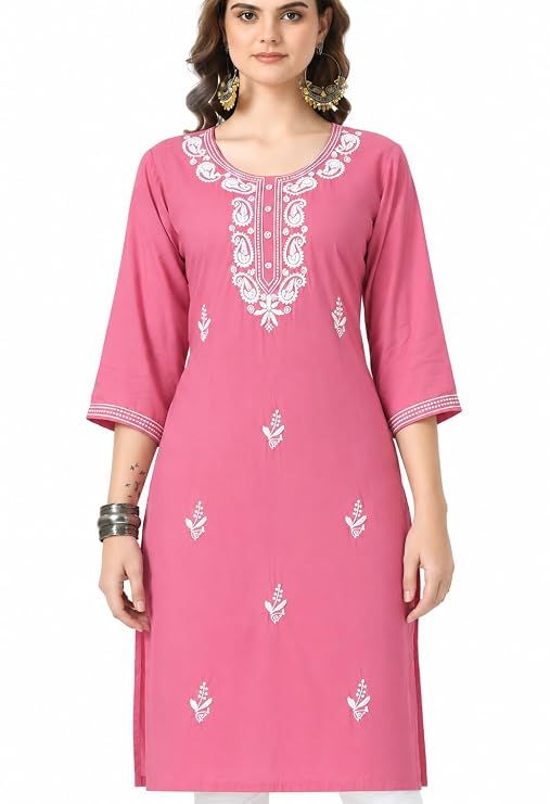 LIBOZA Kurta for Women – Lakhnowi Chikankari Embroidered Ladies Kurti, Stylish Girls Top, Ethnic Full Kurtas, Straight Design Kurtis for Woman