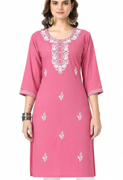 LIBOZA Kurta for Women – Lakhnowi Chikankari Embroidered Ladies Kurti, Stylish Girls Top, Ethnic Full Kurtas, Straight Design Kurtis for Woman