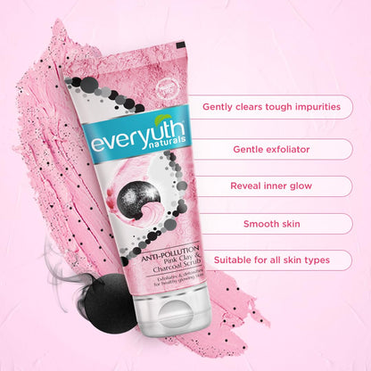 Everyuth Naturals Anti-Pollution Face Scrub - Pink Clay & Charcoal, Exfoliates & Detoxifies (100g)