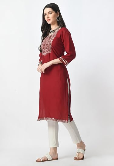Embroidered Straight Design Kurtis for Woman-Red