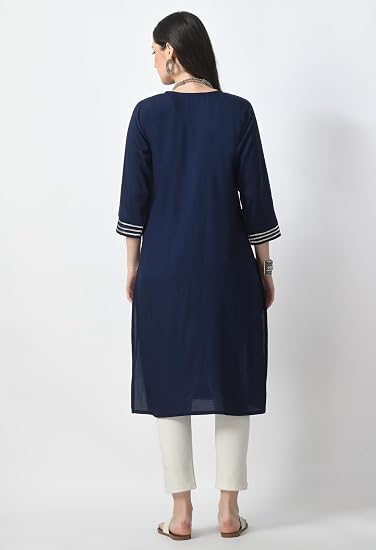 Embroidered Straight Design Kurtis for Woman-Navy Blue
