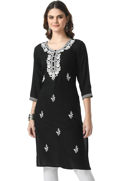 LIBOZA Kurta for Women – Embroidered Ladies Kurti, Stylish Girls Top, Ethnic Full Kurtas, Straight Design Kurtis for Woman Black