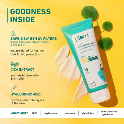 Plum Cica & Hyaluronic Acid Aqua-Light SPF 50 PA+++ Sunscreen 50 GRAM