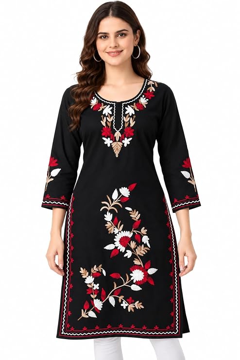 LIBOZA Summer Kurti for Women - Long Lakhnavi Chikankari Kurta, Stylish Straight Womens Kurtas for College Girls, Ladies Traditional Top Simple Colored Embroidery