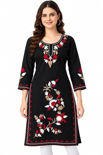 LIBOZA Summer Kurti for Women - Long Lakhnavi Chikankari Kurta, Stylish Straight Womens Kurtas for College Girls, Ladies Traditional Top Simple Colored Embroidery
