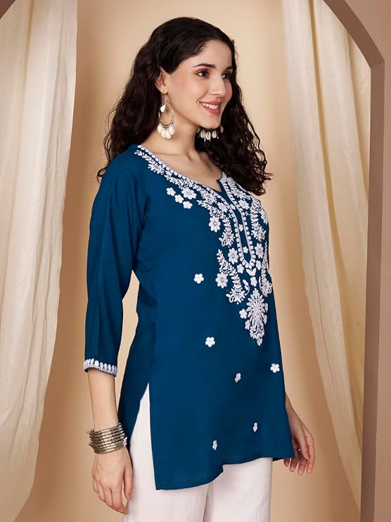 Short Kurti for Women for Jeans, Chikankari Kurtis for Ladies, Lakhnavi V- Neck Women's Tunic Design Kurta, Floral Kurtas & Tunics for Woman