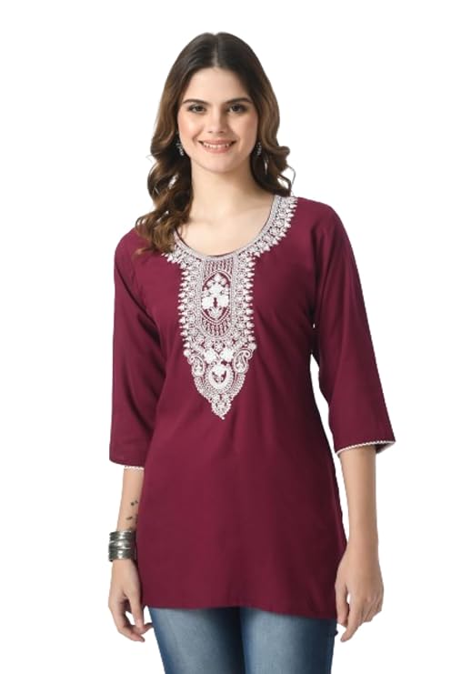 LIBOZA Short Kurti for Women – Lakhnowi Chikankari Embroidered Ladies Kurta, Stylish Girls Top, Ethnic Half Kurtas, Tunic Design Woman Kurtis Purple