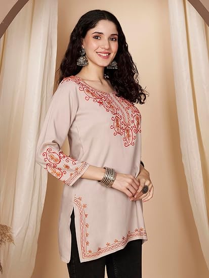 Embroidered Chikankari Kurti for Women - Beige3