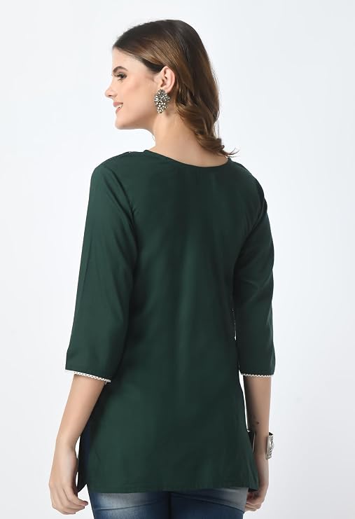 LIBOZA Short Kurti for Women – Lakhnowi Chikankari Embroidered Ladies Kurta, Stylish Girls Top, Ethnic Half Kurtas, Tunic Design Woman Kurtis Green