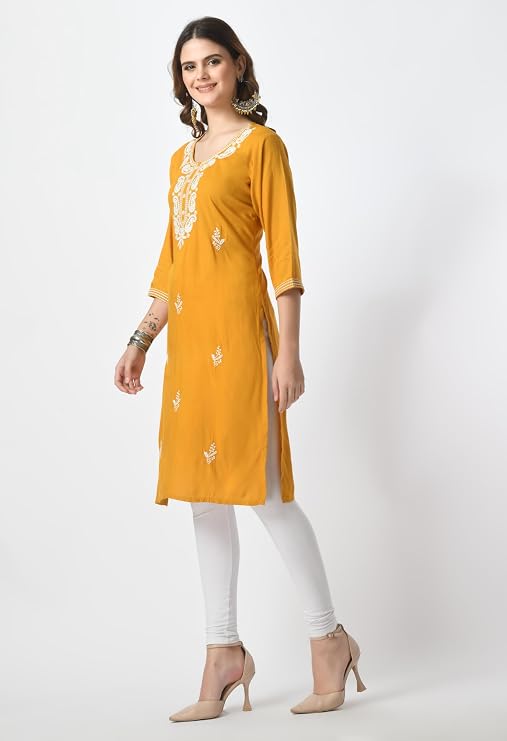 LIBOZA Kurta for Women – Lakhnowi Chikankari Embroidered Ladies Kurti, Stylish Girls Top, Ethnic Full Kurtas, Straight Design Kurtis for Woman