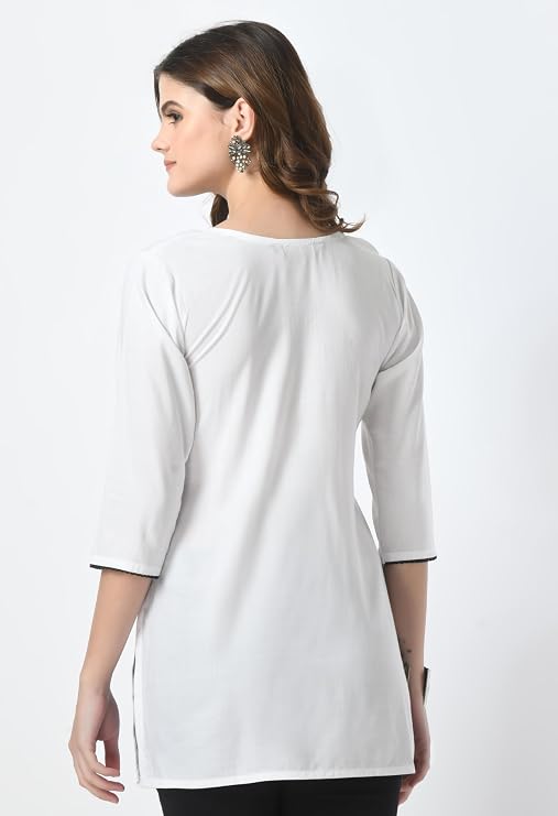LIBOZA Short Kurti for Women – Lakhnowi Chikankari Embroidered Ladies Kurta, Stylish Girls Top, Ethnic Half Kurtas, Tunic Design Woman Kurtis White