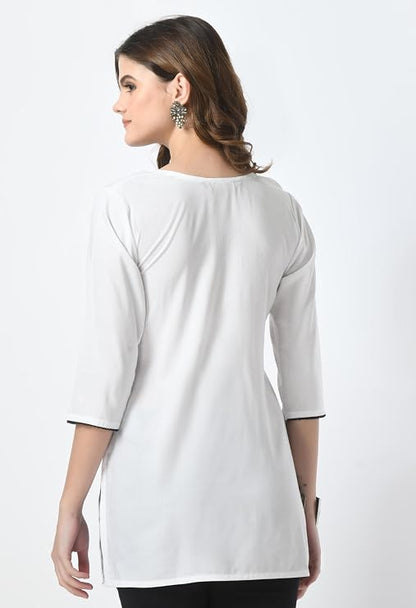 LIBOZA Short Kurti for Women – Lakhnowi Chikankari Embroidered Ladies Kurta, Stylish Girls Top, Ethnic Half Kurtas, Tunic Design Woman Kurtis White