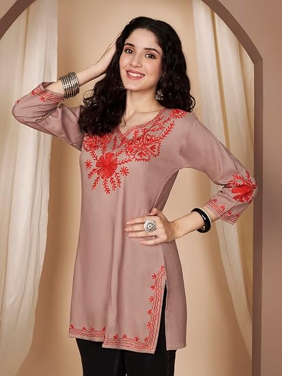 Embroidered Chikankari Kurti for Women - Chocolate 4