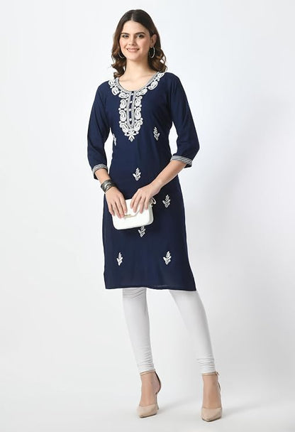 LIBOZA Kurta for Women – Embroidered Ladies Kurti, Stylish Girls Top, Ethnic Full Kurtas, Straight Design Kurtis for Woman Navy Blue
