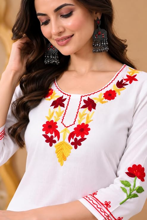 LIBOZA Summer Kurti for Women - Long Lakhnavi Chikankari Kurta, Stylish Straight Womens Kurtas for College Girls, Ladies Traditional Top Simple Colored Embroidery