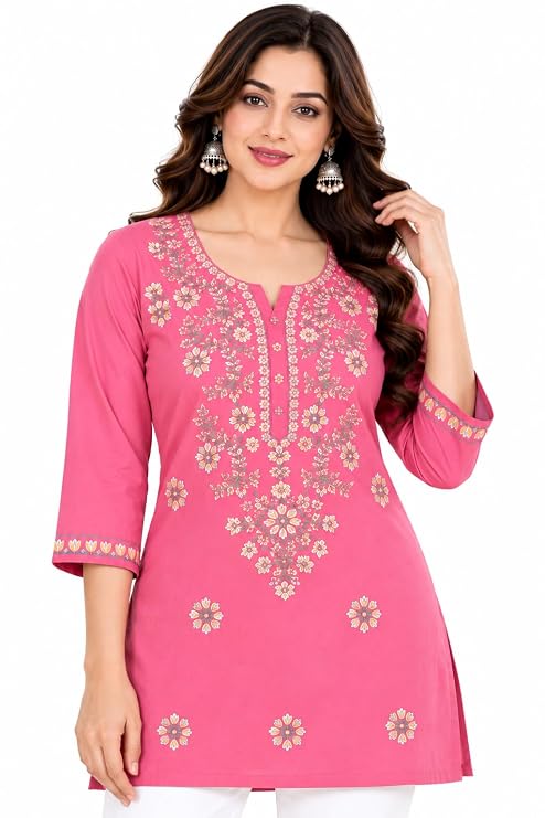 LIBOZA Kurti for Women - Short Chikankari Kurtis for Girls, Lakhnawi Pink