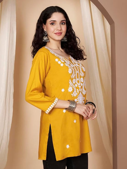 Short Kurti for Women for Jeans, Chikankari Kurtis for Ladies, Lakhnavi V- Neck Women's Tunic Design Kurta, Floral Kurtas & Tunics for Woman