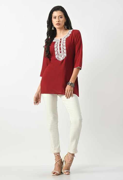 LIBOZA Short Kurta for Women – Lakhnowi Chikankari Embroidered Ladies Kurti, Ethnic Half Kurtas, Stylish Girls Top, Tunic Design Woman Kurtis