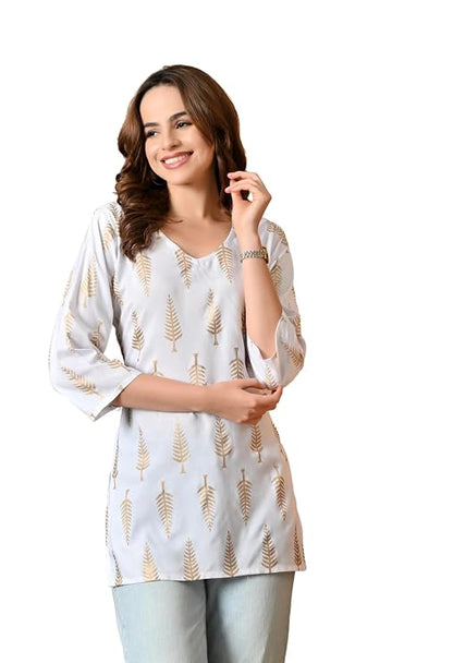 LIBOZA Short Kurti for Women for Jeans, Rayon Cotton Kurtis for Ladies, Gold Printed U Neck Women's Tunic Design Kurta, Top Floral Kurtas for Woman