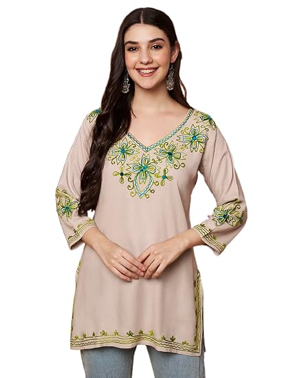 Embroidered Chikankari Kurti for Women - Beige1