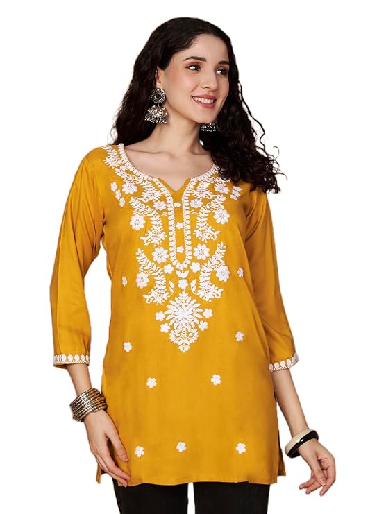 Short Kurti for Women for Jeans, Chikankari Kurtis for Ladies, Lakhnavi V- Neck Women's Tunic Design Kurta, Floral Kurtas & Tunics for Woman
