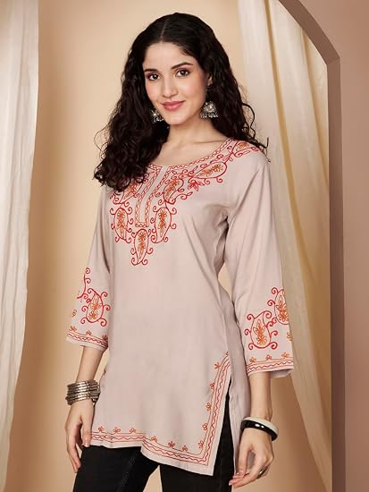 Embroidered Chikankari Kurti for Women - Beige3