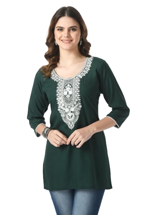 LIBOZA Short Kurti for Women – Lakhnowi Chikankari Embroidered Ladies Kurta, Stylish Girls Top, Ethnic Half Kurtas, Tunic Design Woman Kurtis Green