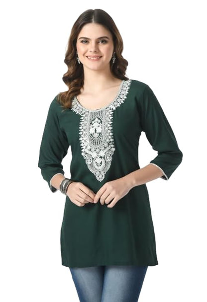 LIBOZA Short Kurti for Women – Lakhnowi Chikankari Embroidered Ladies Kurta, Stylish Girls Top, Ethnic Half Kurtas, Tunic Design Woman Kurtis Green