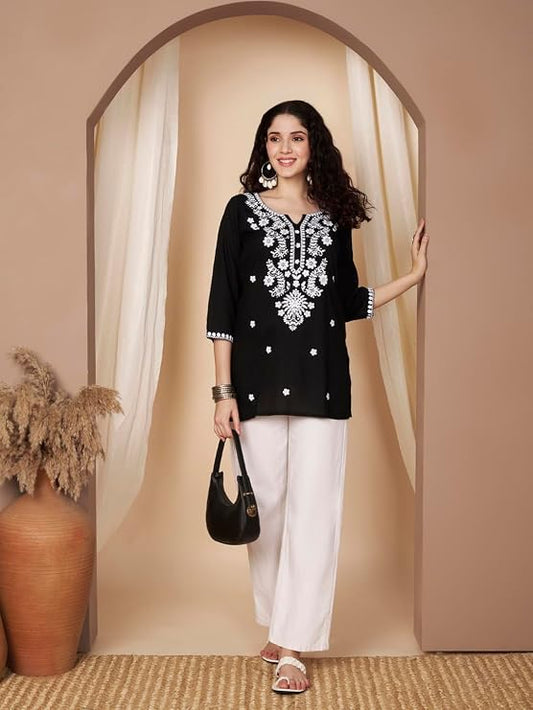 Short Kurti for Women for Jeans, Chikankari Kurtis for Ladies, Lakhnavi V- Neck Women's Tunic Design Kurta, Floral Kurtas & Tunics for Woman