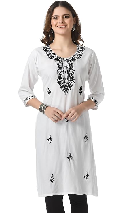 LIBOZA Kurta for Women – Embroidered Ladies Kurti, Stylish Girls Top, Ethnic Full Kurtas, Straight Design Kurtis for Woman White