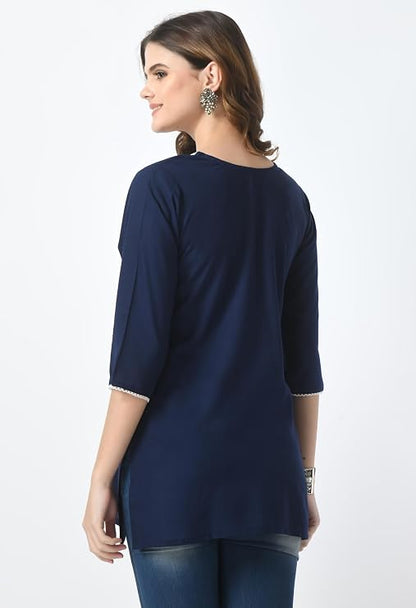 LIBOZA Short Kurti for Women – Lakhnowi Chikankari Embroidered Ladies Kurta, Stylish Girls Top, Ethnic Half Kurtas, Tunic Design Woman Kurtis Navy Blue