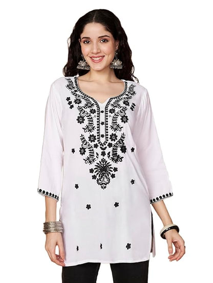 Short Kurti for Women for Jeans, Chikankari Kurtis for Ladies, Lakhnavi V- Neck Women's Tunic Design Kurta, Floral Kurtas & Tunics for Woman